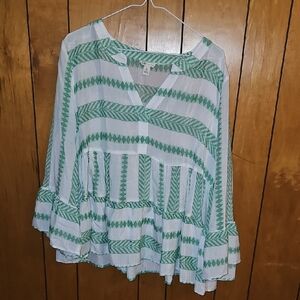 Cato White and Green Striped Peasant Blouse